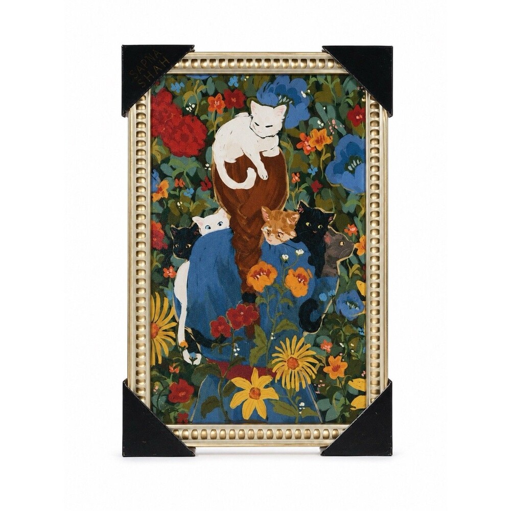 Sapna Shah Cat Lovers Floral Framed Wall Art Print Gold Frame 11x15 New NWT